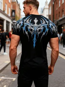 Men's Compression Gym T-Shirt, Athletic Workout Clothing, Short-Sleeve Muscle-Fit Workout Top with Blue & White Graphic Print, Quick-Dry High-Elasticity Athletic Tee for Bodybuilding, Training & All-Season Wear, Athletic Apparel