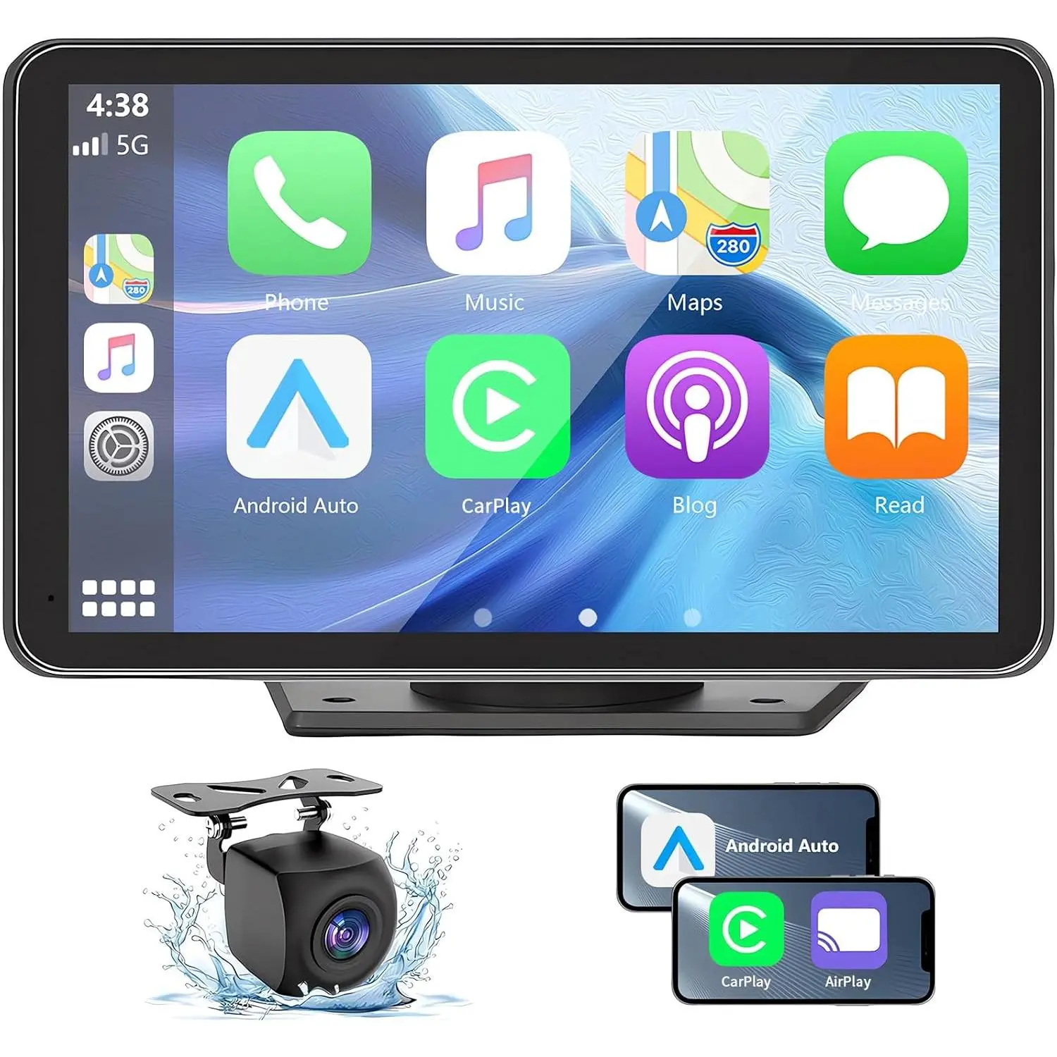 Portable Wireless CarPlay Android Car Player Touch Screen Car Radio Multimedia System with Bluetooth, Navigation, Mirror Link, Rear Backup Camera for All Vehicles, Carplay Touchscreen