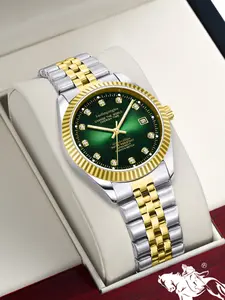 Men's Luxury Skeleton Durable Watch with Calendar Night Glow Display, High-End Quartz Wristwatch Steel Band, Business Analog Timepiece for All Seasons