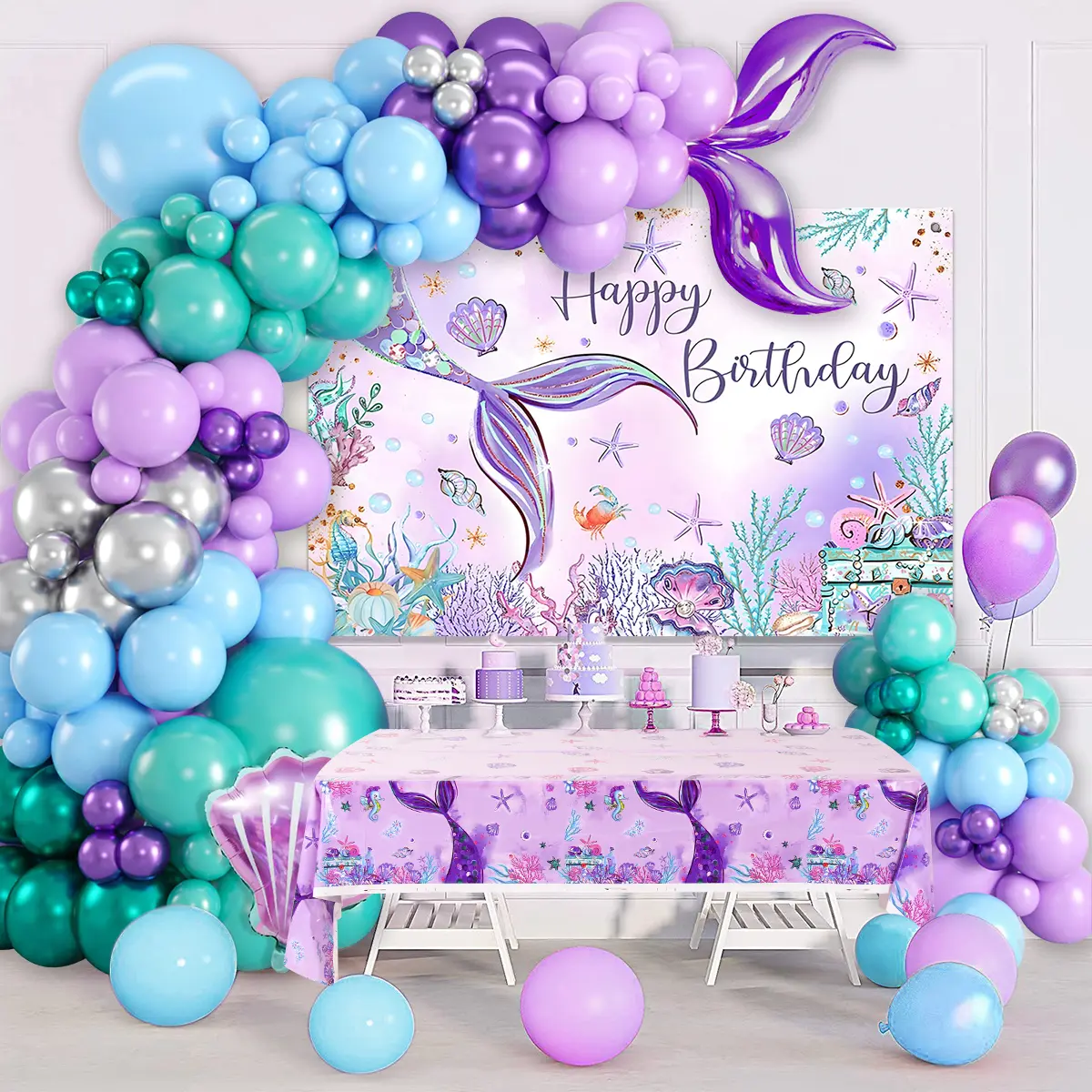 Mermaid Balloon Tablecloth Backdrop Set,109pcs Purple Shell Foil Balloon Mermaid Tail Birthday Decor ,Girls Mermaid Birthday Latex Balloon Decoration