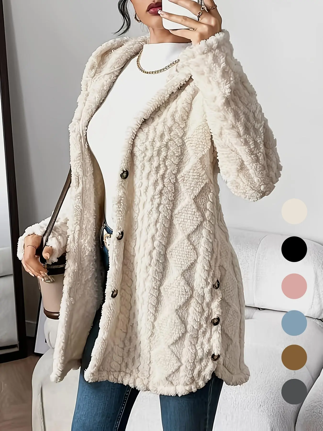 Women's Solid Color Fuzzy Knit Hooded Jacket Coats, Knitwear Casual Long Sleeve Outerwear for Daily Wear, Ladies Clothes for All Seasons