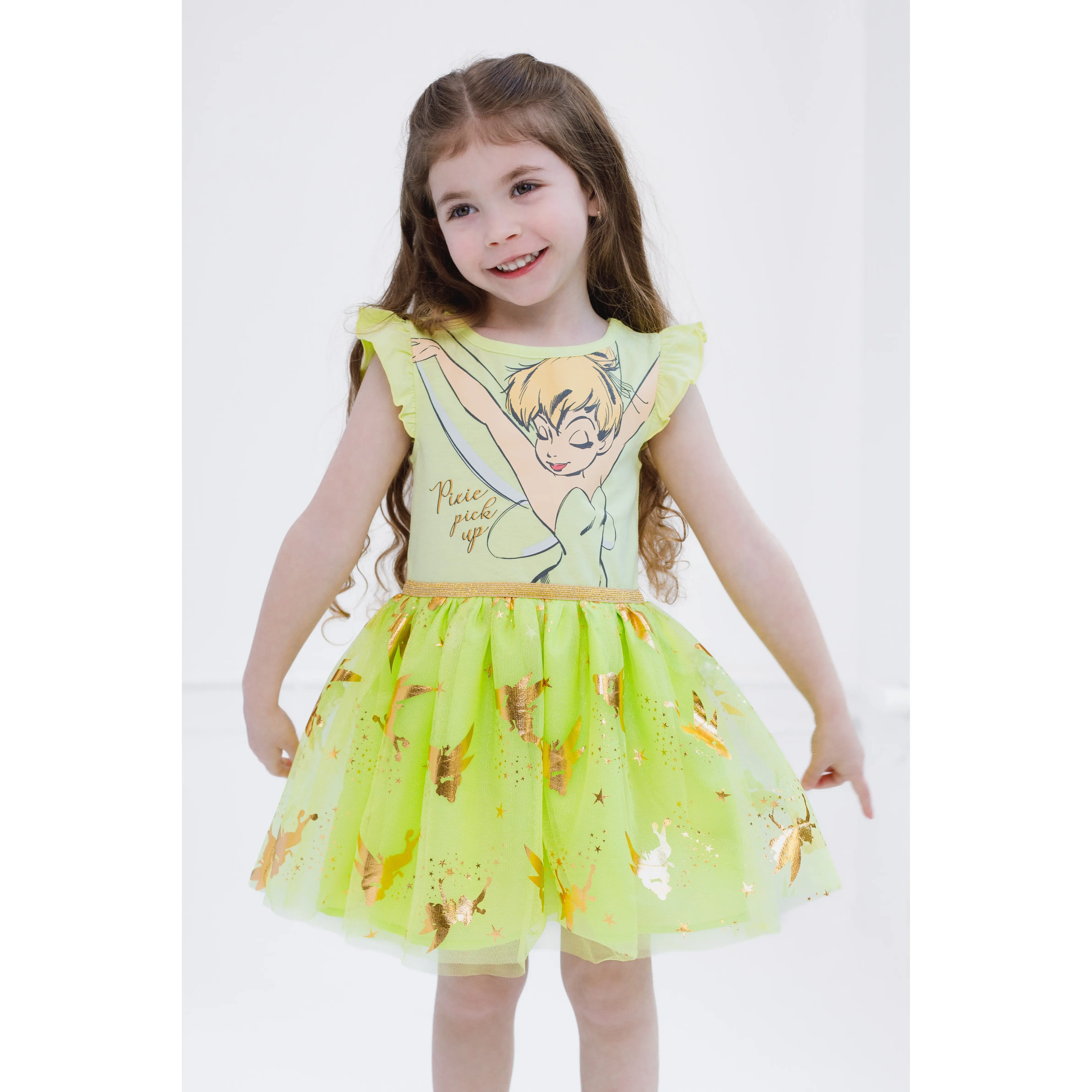 Disney Girls' Tinkerbell Tutu Dress, Short Sleeve Jersey Knit Top with Tulle Fabric Skirt, Casual Wear with Gold Foil Stars and Flutter Ruffles, Casual Playwear, Short Sleeve Tops, Birthday Party Outfits