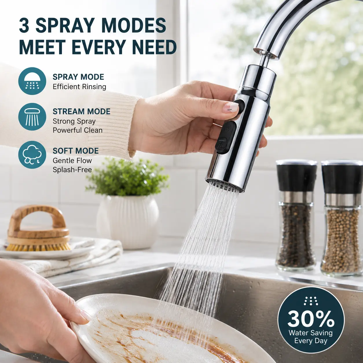 1 Count, Silver 360 Swivel Kitchen Faucet Sprayer with 3 Spray Modes for Sink Washing Dishes Fruits and Vegetables
