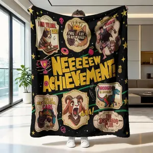 Funny Achievement Unlock Cartoon Throw Blanket, High-Weight Flannel Fabric, Soft and Warm, Anti-Wrinkle, Easy Clean, Perfect Gift for Gamers, Soft Comfy Blanket, Cartoon Print Blanket Video Game Lover Merchandise Gaming Room Decor Cozy Bedding