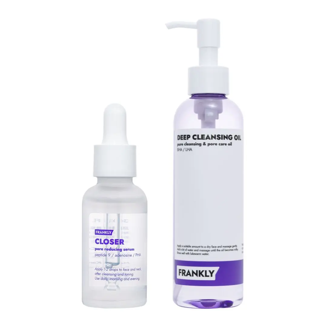 FRANKLY Deep Pore Treat Duo : Closer Serum & Deep Cleansing Oil Set | BHA & LHA Purifying Cleanser + 9 Peptide & PHA Pore Minimizing Serum | Hydrating & Anti-Aging, Smooth | Korean Skincare set | Gentle, Vegan