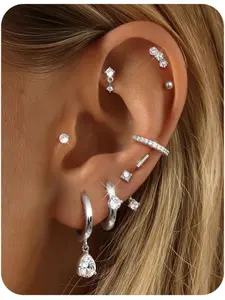 9-Piece Women's Earring Set: Studs, Hoops, Mix-and-Match, Minimalist, Sparkly, Cute, Zirconia, Fashionable, Trendy, Silvery, Golden, Everyday, Women's Jewelry