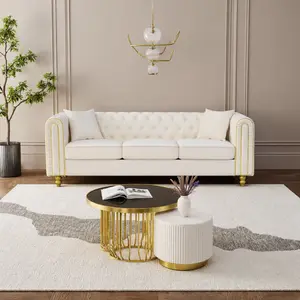 Modern corduroy Loveseat  Sofa – 3-Seater Comfy Velvet Couch with Button Tufted, Rolled Arms & Gold Legs | Chesterfield Style for Primary Living furniture Space family sofa