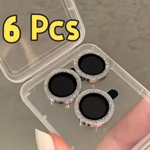 6pcs Silver Color Glitter Phone Lens Protection Film, Shiny Design, Protective Anti-Scratch Camera Ring Protector, Cellphone Mobile Accessories, Practical Gift
