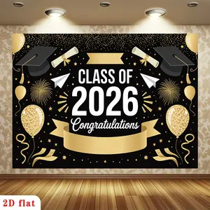 Class of 2026 Graduation Backdrop Black Gold Party Backdrop Laurel Fireworks Background Cloth Grad Tapestry Wall Hanging Photography Background Polyester Fiber Ceremony Party Home Garden Club Event Decor Studio Prop Wall
