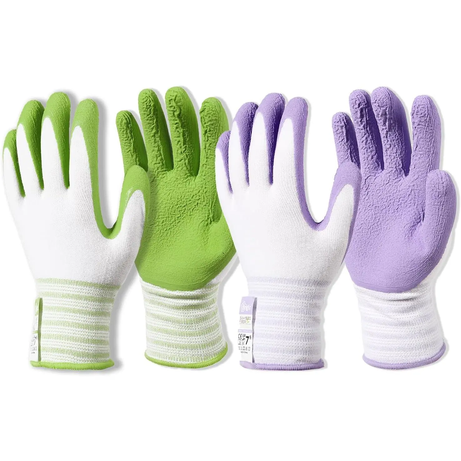 Brigic GRS Certified Bamboo Fiber Protective Gardening Gloves - Soft, Touch-Sensitive, Breathable, Rubber-Coated, Green & Purple, S-XL Sizes for Agriculture, Planting, Weeding