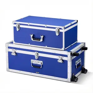 VEVOR Metal Storage Trunk, Summervibes,Summervibes, Set of 2, Wooden Suitcase Storage Boxes with Padlocks, Large Trunk Includes Casters and 3 Metal Handles, Decorative Store Chest with Lids for Travel, Apartment, Dorm, Blue