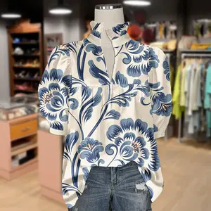 Cherrybetty Retro Floral Print Ruffle Neck Top Blue Shirts Casual Chic Elegance women's summer outfits going tops going outfits cute summer outfit