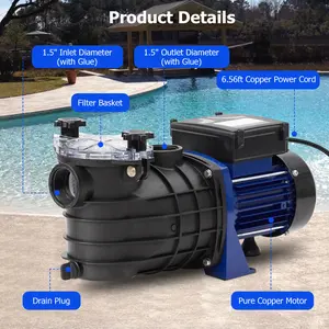 High Current Self-Priming Pool Pump, 0.75HP 550W for Inground & Above Ground Pools, 2641GPH Flow Rate, Low Noise Operation, Built-in Filter Basket, Single Speed with Thermal Overload Protection for Clear Clean Water, 0.75Hp Power, In/Above Ground