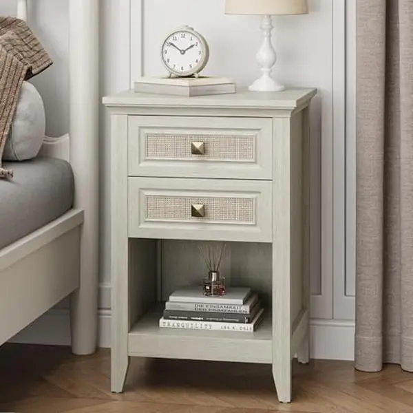 RoyalCraft Rattan Nightstand, Boho Bedside Table with 2 Rattan Decor Drawers, Accent End Table with Open Storage Shelf, Wood Bedside Unit for Bedroom, Home Office