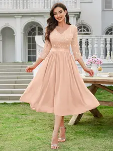 Miusol 24407A Women's Elegant Sequin Floral Lace 3/4 Sleeve Pleated Hem Chiffon Formal Bridesmaid Midi Dress SpringStatements