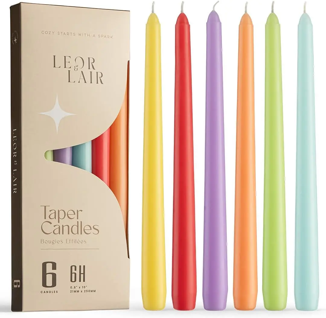 Leor & Lair 10" Colorful Traditional Paraffin Wax Spring Taper Candles - 6-Hour Burn Time Decorative Sticks for Easter Decoration, Wedding, Party Celebrations, Paraffin Wax Candles