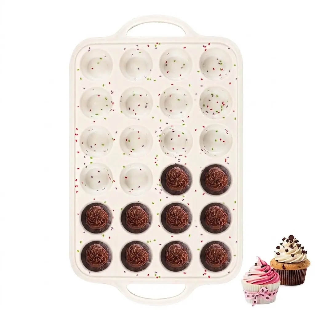 24-Cup Silicone Mini Muffin Pan with Metal Reinforced Frame, BPA-Free, Dishwasher-Safe Beige Tray with Rainbow Spots for Baking Muffins, Cupcakes, Metal Frame