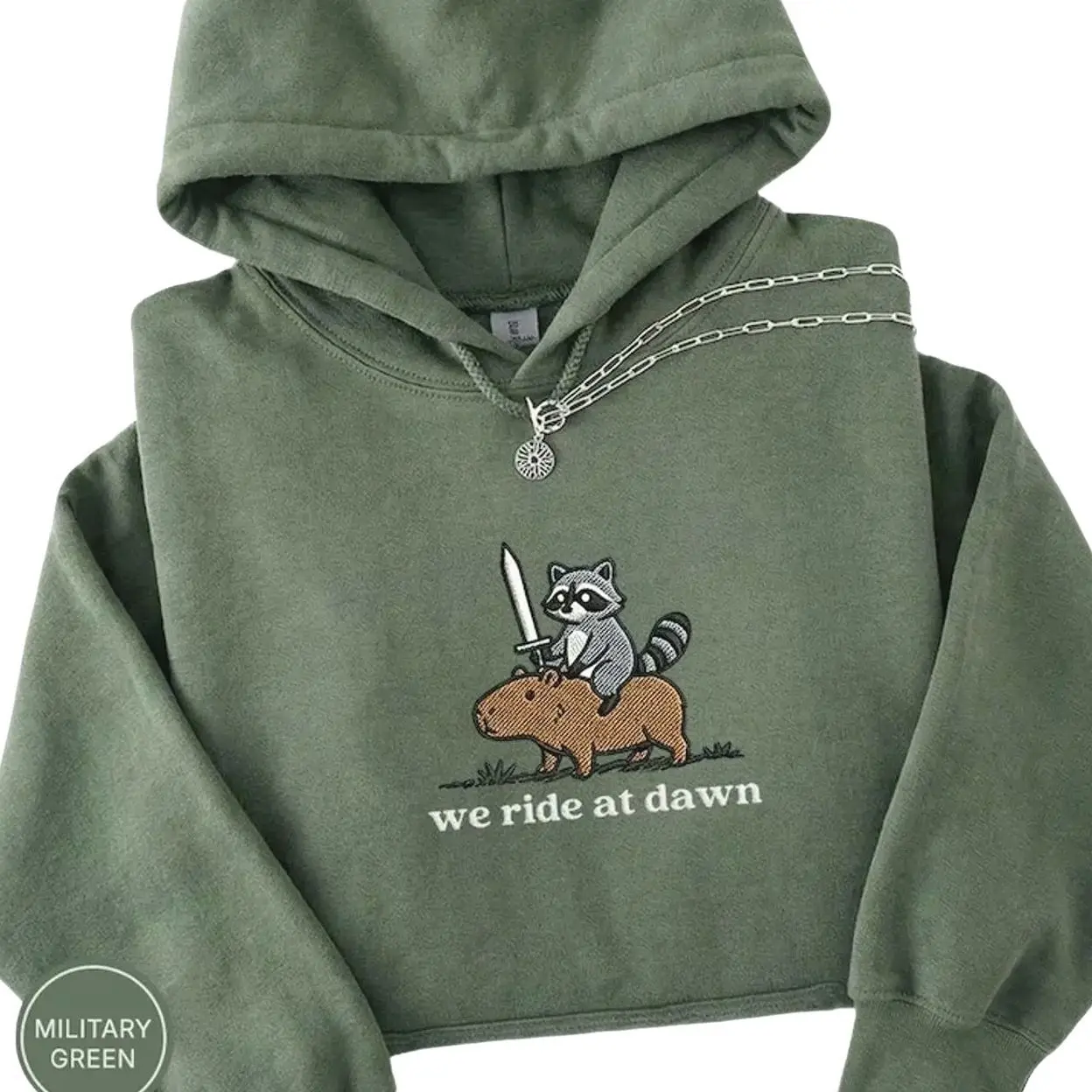 We Ride at Dawn Hoodie, Funny Raccoon Capybara Hoodie, Embroidered, Ren Faire Clothing, Cute Animal Hoodie, Medieval hoodie, Dnd Hoodie