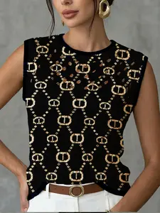Women's Elegant Geometric Symbol Diamond Full Print Round Neck Sweater Vest, Womenswear, Casual Sleeveless Knit Top for Spring Summer Fall