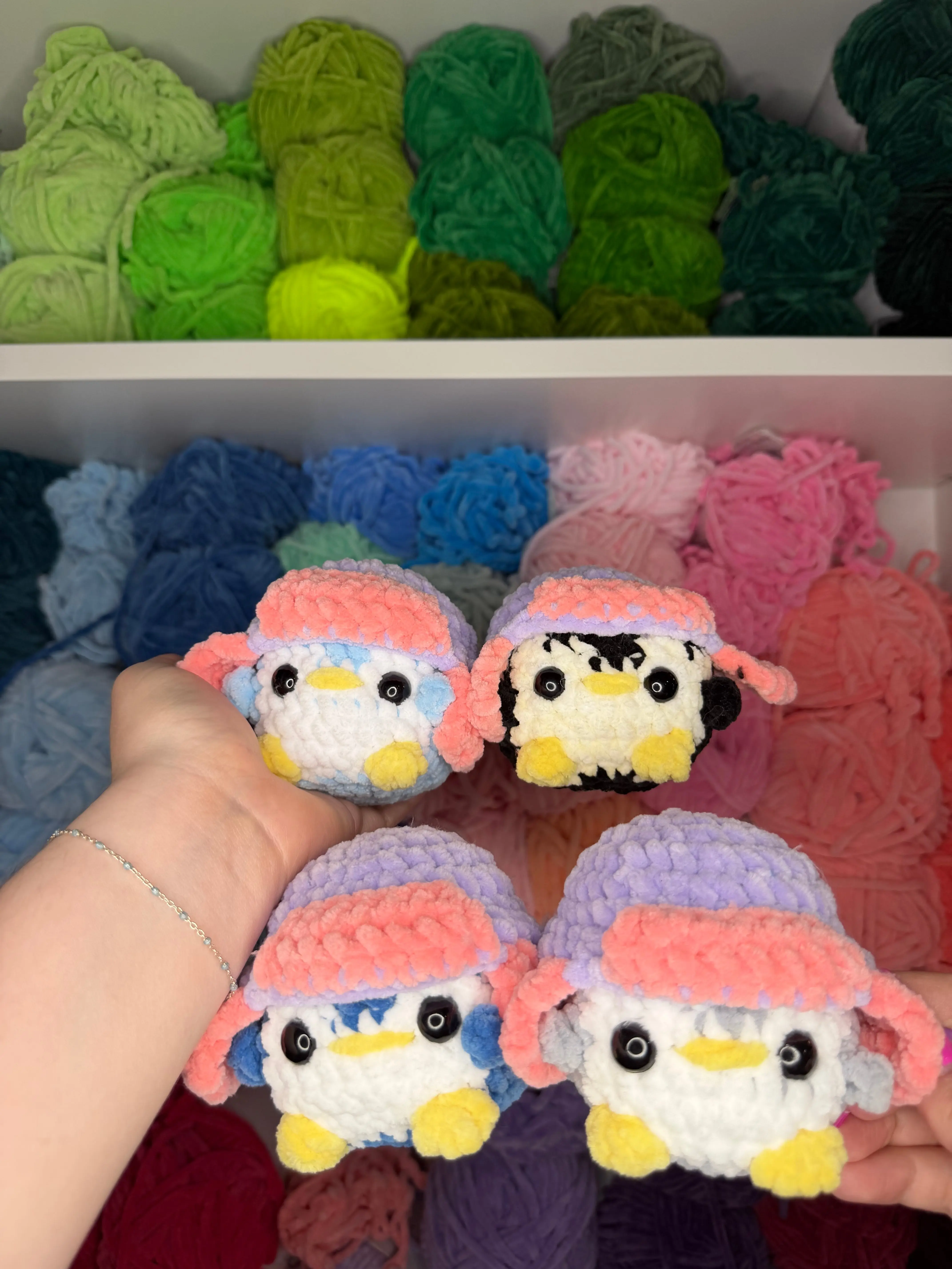 Crochet Mini Penguin with Pink + Purple Hats Keychains