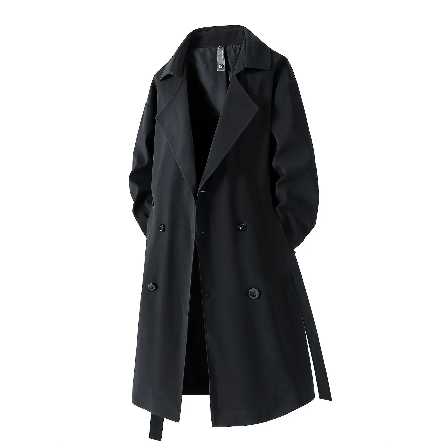 Men's Vintage-Inspired Woven Double-Breasted Polyester Trench Coat - Casual, Long-Sleeve, Loose, Mid-Length Windbreaker with Belt, Button Details, Quality Menswear for Spring/Fall Outdoors & Daily Wear, M