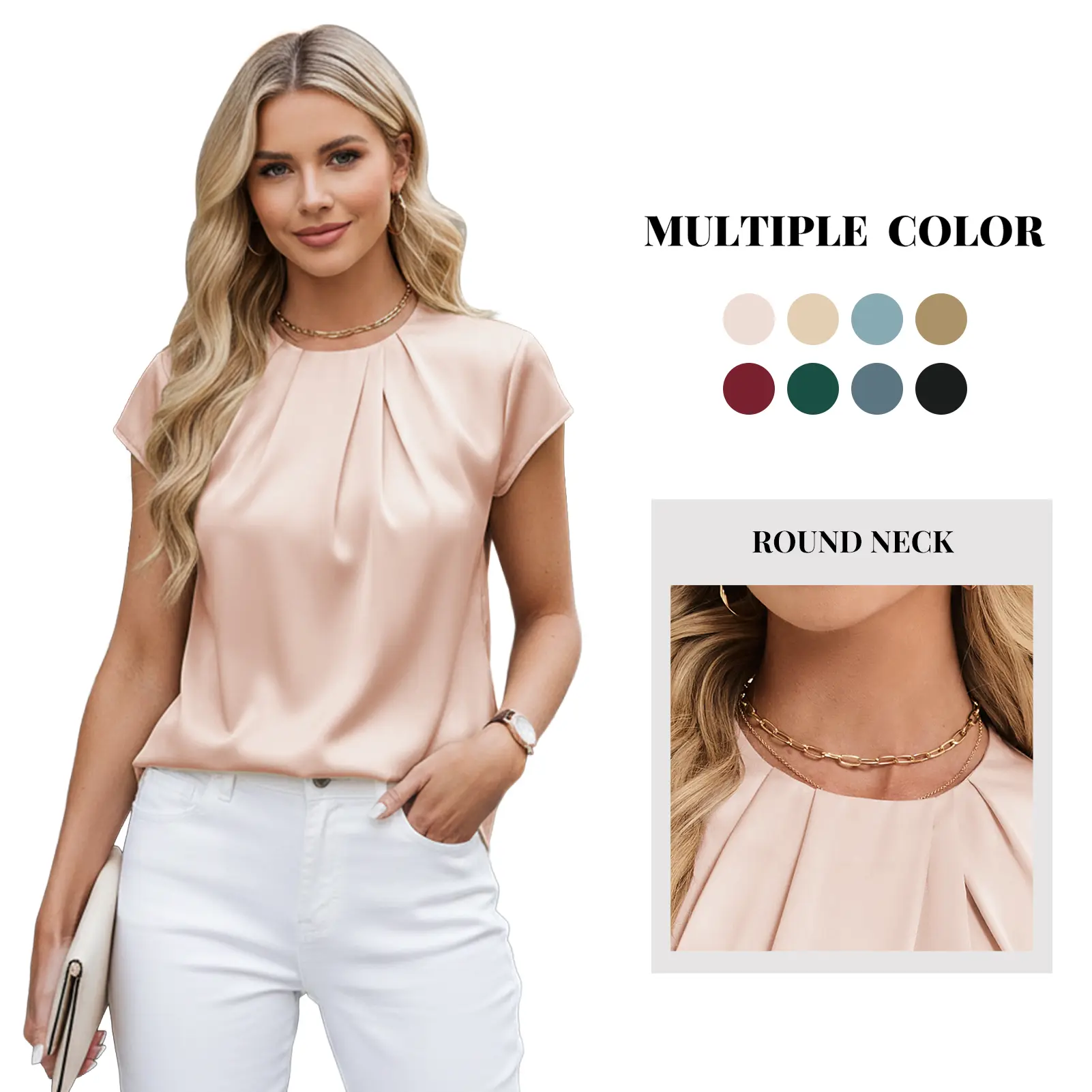 Lady's Silky Smooth Drape Fabric Silk Satin Blouse - Basic, Lightweight, Crew Neck, Cap Short Sleeves, Front Pleated, Summer Dressy Casual Work Top