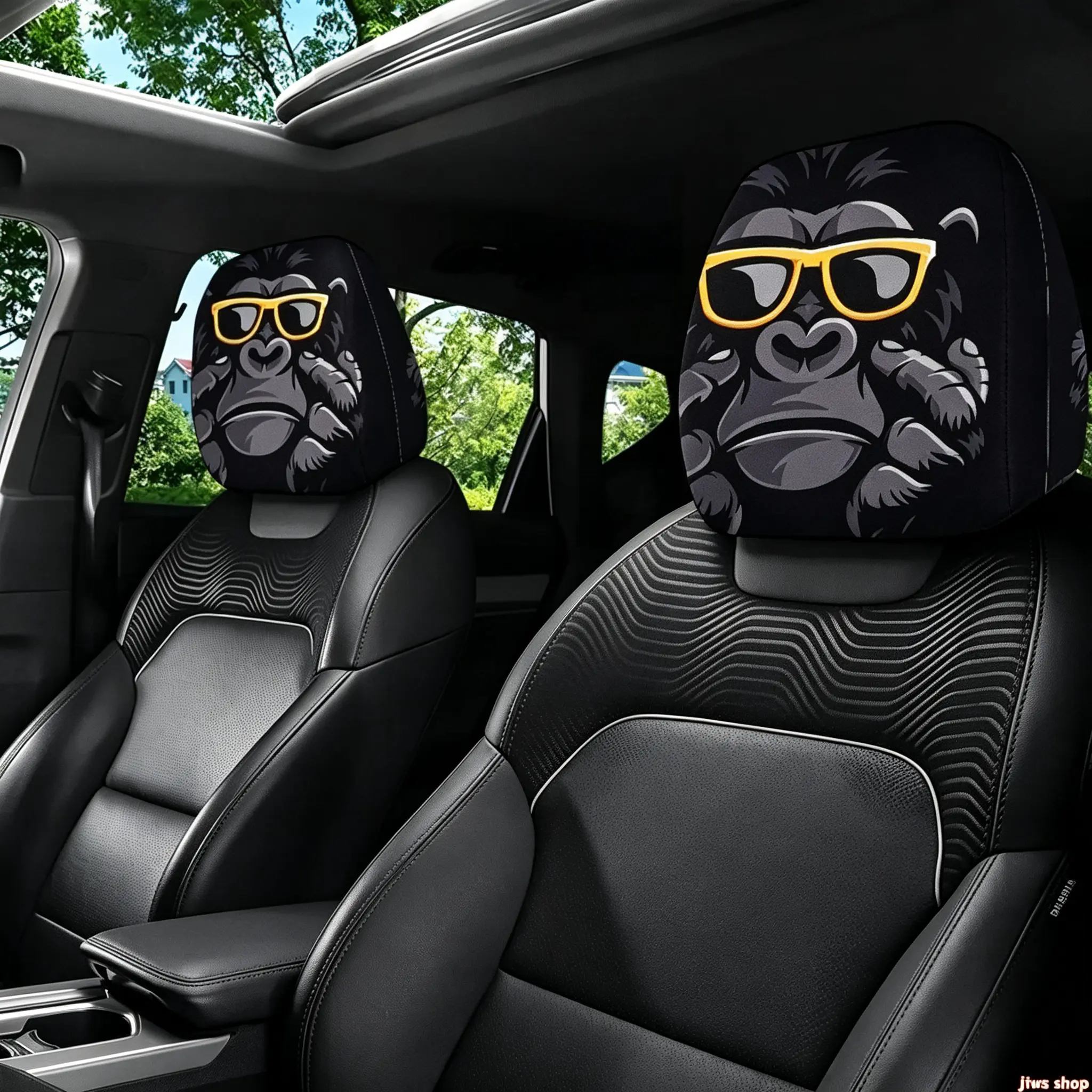 2-Pack Gorilla Design Car Seat Headrest Covers, Playful Scratch-Resist. Elastic Protectors with Eyeglasses & Sunglasses Holder, Quick Install Easy Installation Car Accessories for Trucks, Sedans
