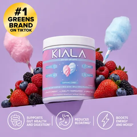 Kiala Nutrition Organic Super Greens Powder - Carnival Candy Flavor, 30 Servings, Vitamin-Rich Natural Dietary Supplement with Antioxidants, Bloat Relief for Digestive Health & Skin Care