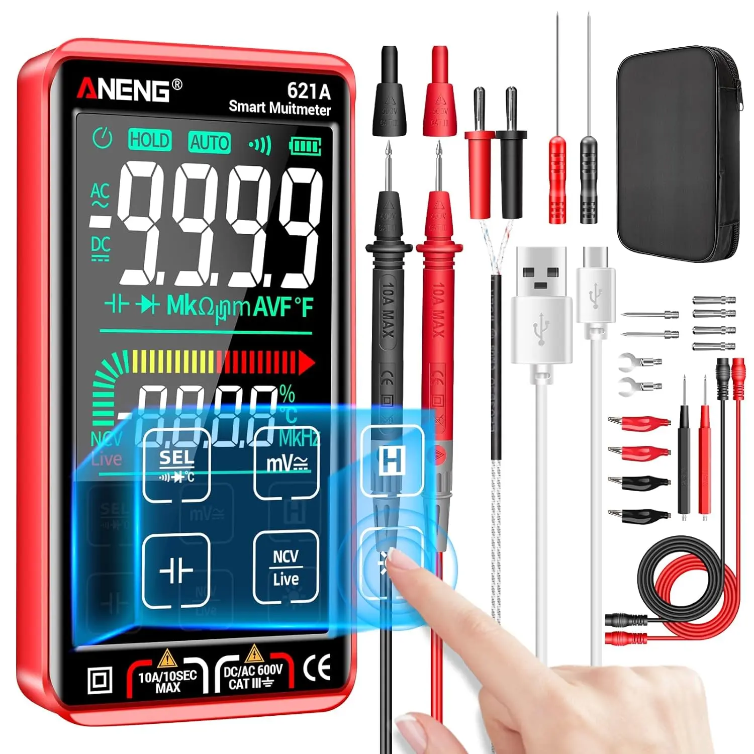Digital Multimeter Tester Smart Touch TRMS Auto-Ranging 9999Counts Rechargeable anti-burning Ohm Amp VoltMeter With NCV,DC/AC Current,Voltage,Resistance Diodes,Continuity,Capacitance,Temperature voltmeter voltmeter