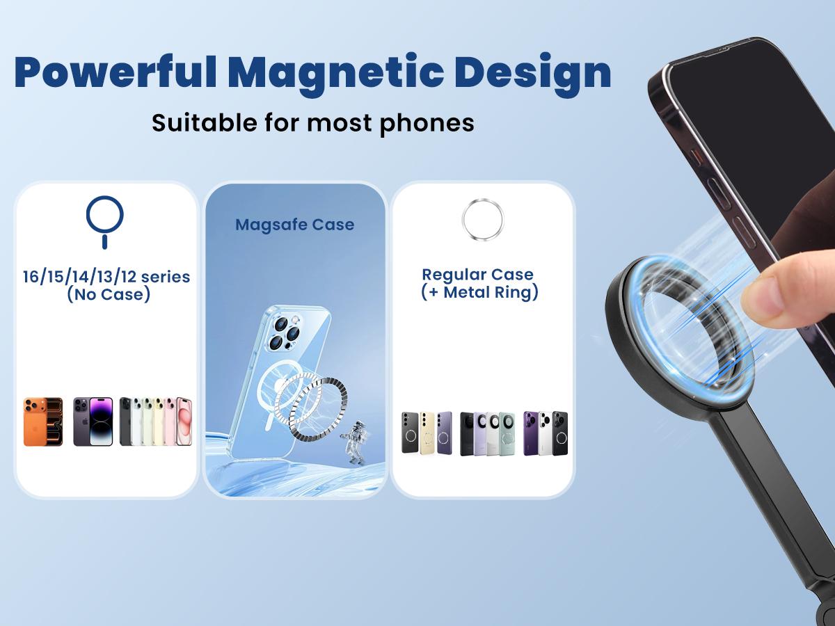 Magnetic Selfie Stick Tripod for iPhone and Android, 65" Phone Tripod Compatible with MagSafe, Magnetic Cell Phone Tripod for TikTok/Vlog/Video Recording, Compatible with iPhone & Android and Other Phones with Metal Ring