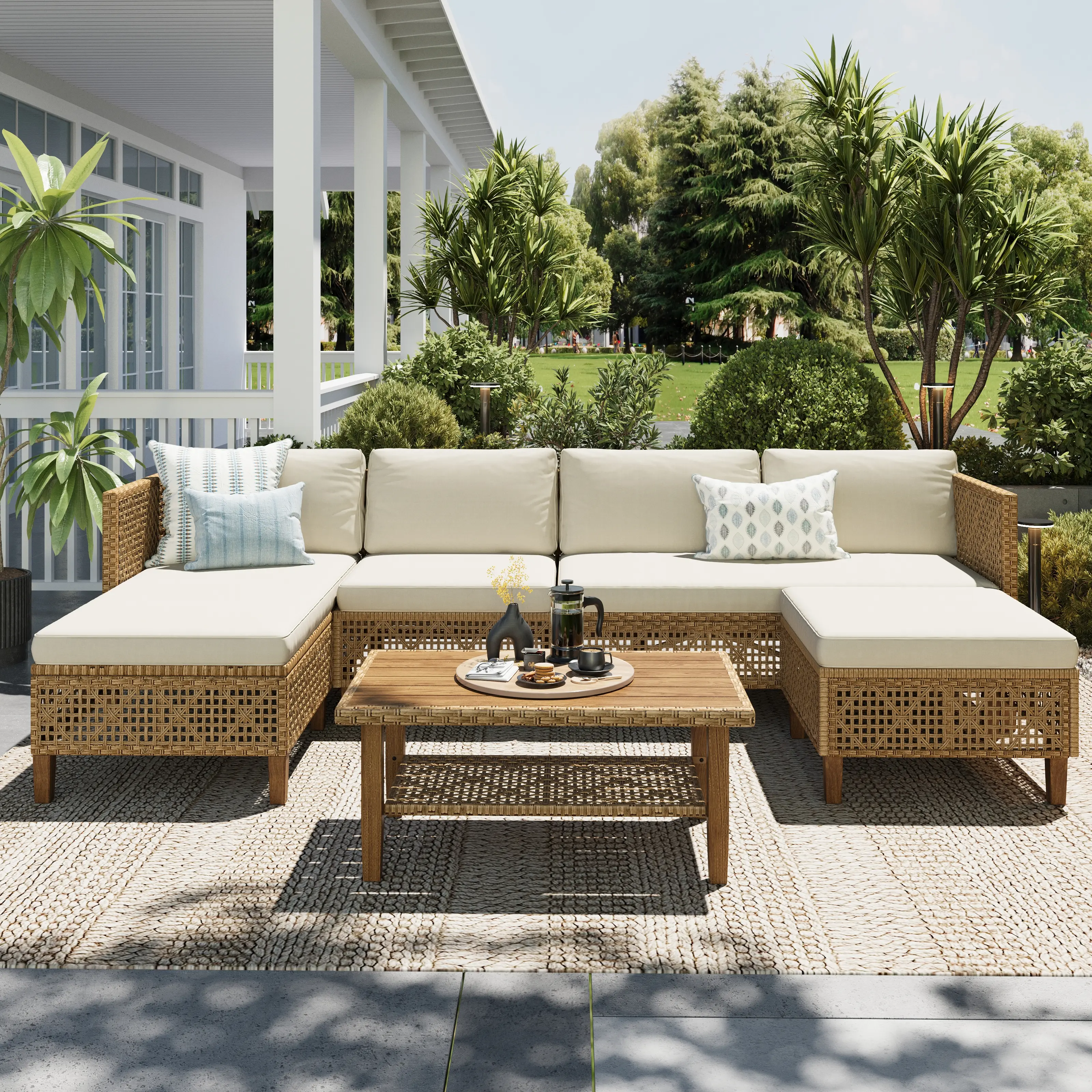 【1/2 Packages Shipping】PHI VILLA Outdoor Wicker Patio Conversation Furniture Set with Acacia Wood Coffee Table Includes Patio Table and Storage Sofa Lounge Classic Durable Rattan Style,DealsForYouDays