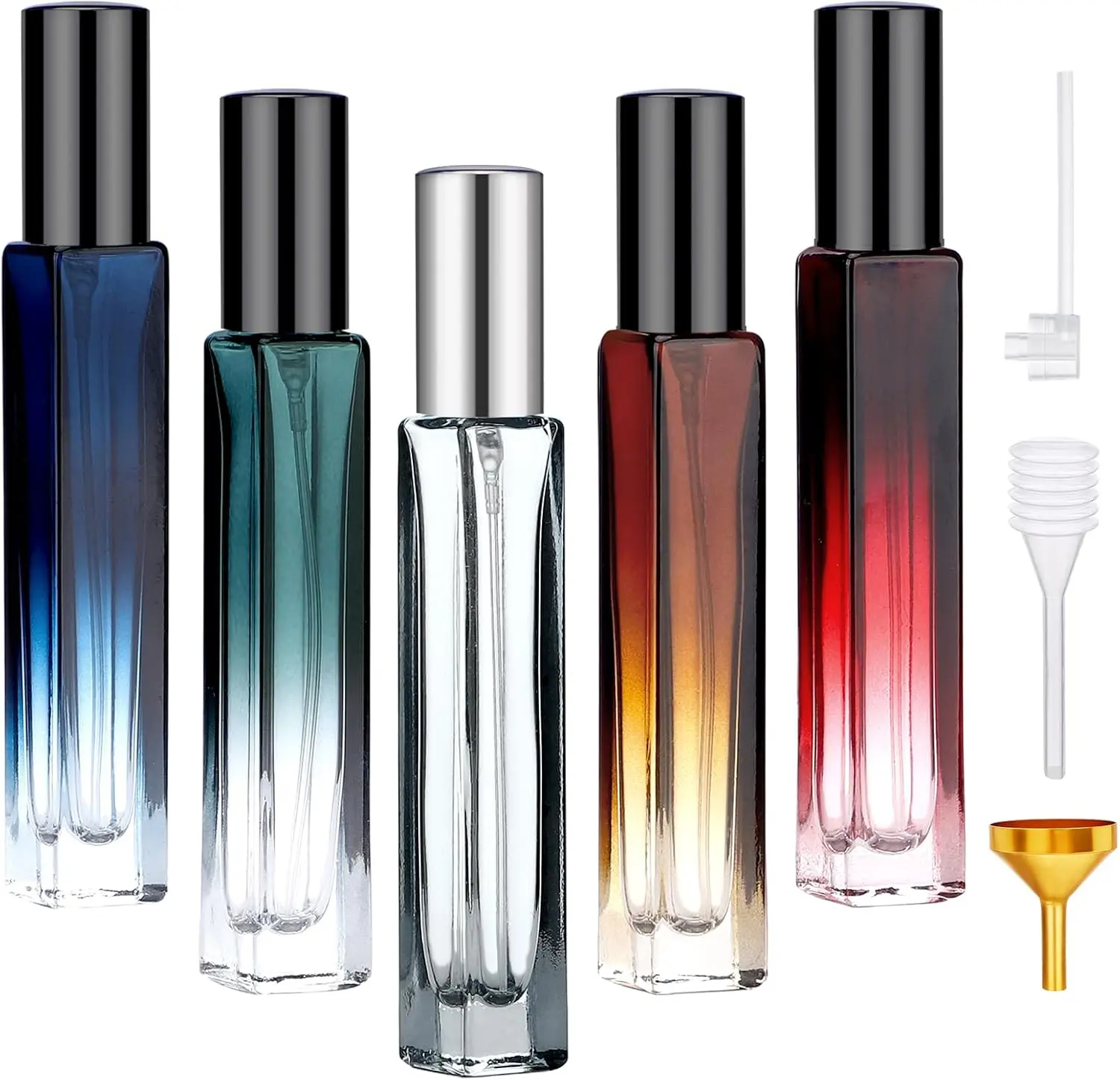 Unisex 5-Pack 10ml Pocket-Size Glass Cosmetic Perfume Travel Atomizer Kit - Leak-Proof, Push-to-Refill, Precision Nozzle, Refill Tool Included, Compact Lightweight Multi-Pack Fragrance Cologne Dispenser Set