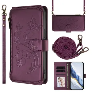 Butterfly Love Flower, Floral Embossed Design Flip Leather Zipper Crossarm Straw Multi slot Suitable for Apple Phone Case Cover iPhone 17 16 15 14 13 Pro Max Plus Women's Multi functional Wallet Shockproof Protection Case Holiday Gift, Smartphone