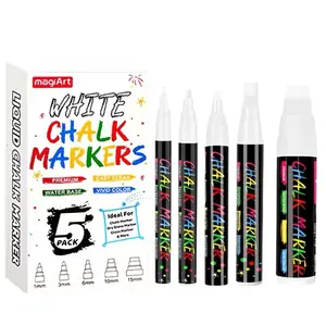 5pcs White Chalk Markers Pen,White Window Chalk Markers for Cars Glass Washable-Ideal for Use at Home,School,Office,Erasable,Dust-Free,Non-Toxic,5 Nib Sizes (1,3,6,10,15mm)