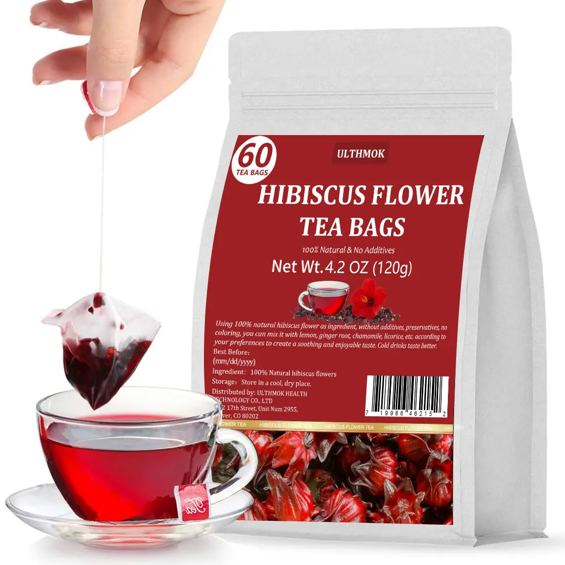 Hibiscus Tea 60Bags Pure Dried Hibiscus Flower Natural & No Additives Caffeine Free