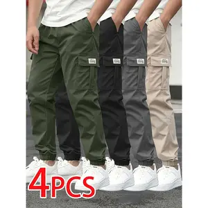 4 pairs of men's multi-pocket cargo pants, solid color, large pockets, jogger-style, loose waist design, comfortable casual wear for all seasons and men's casual trousers