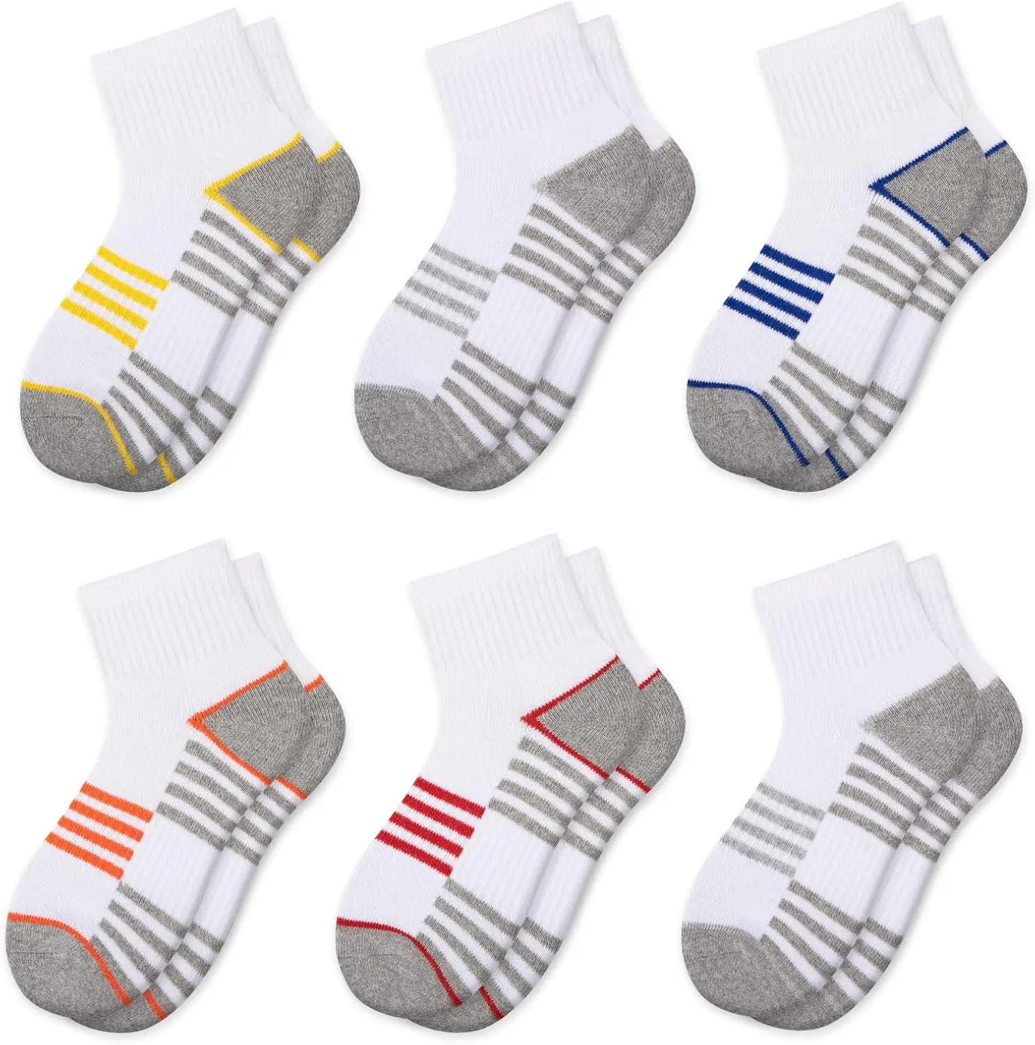 Boys Athletic Quarter Socks - Ankle Sports Socks With Cushioned Sole - 6 Pairs, Sizes 4-6, 6-8, 8-10 Years Old
