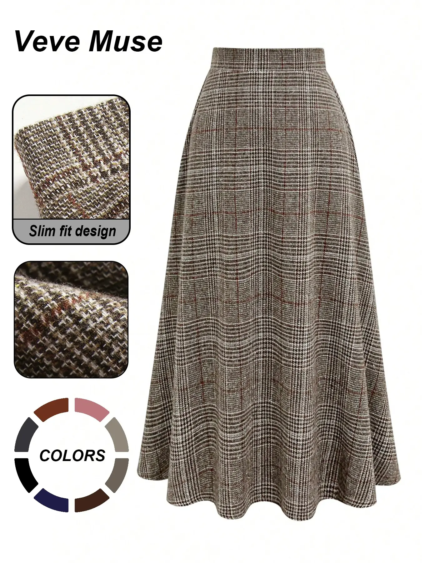 Women's High Waist Plaid Pattern A-Line Midi Skirt A Line Skirts Slim Fit Textured Tweed Flared Vintage Dark Academia Preppy Aesthetic Office Workwear Business Casual Style Elegant, Elegance, Modest Fall Winter Daily Outfits Womenswear