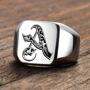 1pc Uppercase A-Z Square Shaped Ring for Men, 26pcs Gothic Uppercase Initial Letter Silver Color Ring, Perfect Gift for Couples