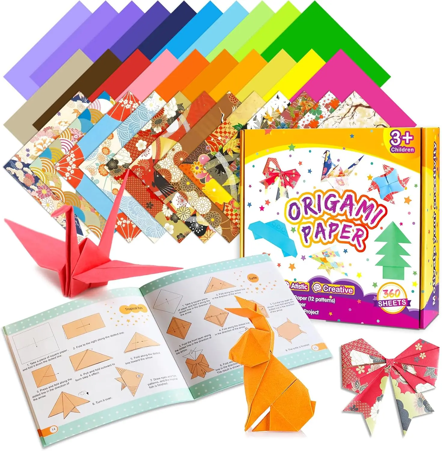 Origami Paper Kit - Japanese-Style Double-Sided Patterned Folding Paper (360 Sheets) with Step-by-Step Guide Book, DIY Arts & Crafts Supplies, Ideal Gift for Kids Ages 5-12