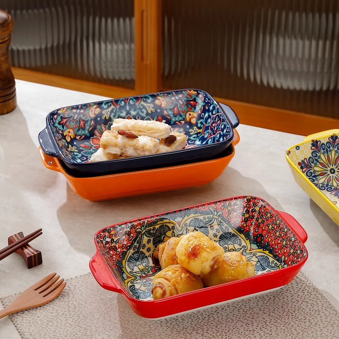 3-Piece Rectangular Serving Plate Set with Dual Handles, Microwave & Oven Safe, Ideal for Home Kitchen Dining Room, Dishwasher Safe Tableware, Modern Ceramic Dinnerware, Modern Ceramic Plates