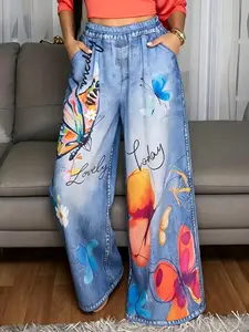 Women's Faux Denim High-Waisted Casual Wide-Leg Pants, Colorful Artistic Butterfly Prints, Elastic Waistband, Loose Laid-Back Slimming Womenswear Bottom