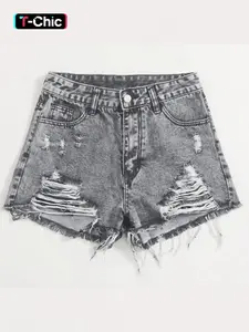 Women's  Ripped Button Front, Casual High Waist for Summer, Fashion Women's Bottoms for Daily Wear, Frayed Hem Shorts, Casual Fashionable Shorts