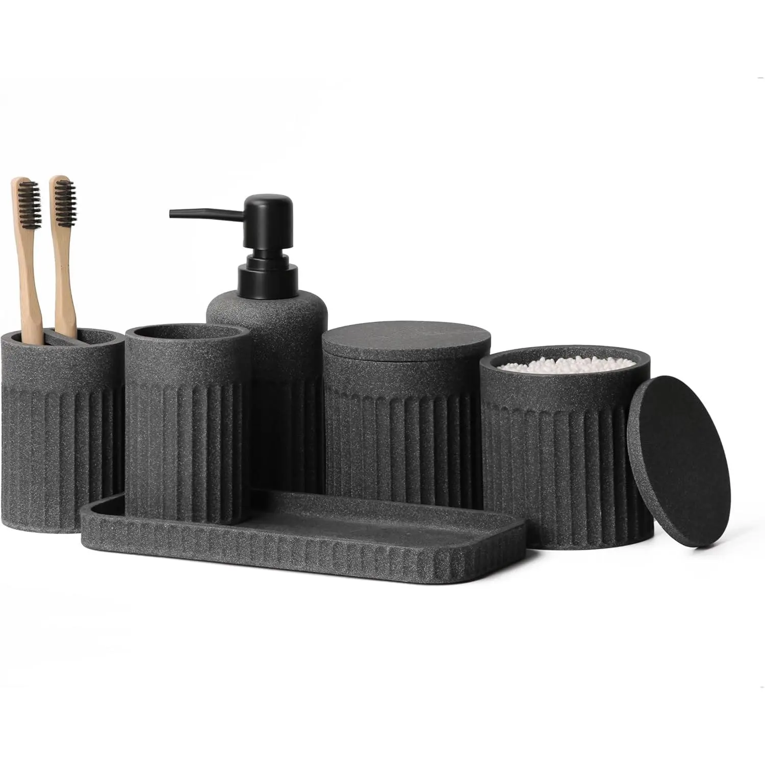 Dark Grey Decorative Modern Bathroom Accessory Set - 6-Piece Soap Dispenser Set with Toothbrush Holder, Tumbler, Vanity Tray, 2 Qtip Holders for Home Organization & Decor, Decorative Bathroom Accessories Set, Modern Bathroom Accessory Sets