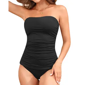 Aqua Eve Bandeau Swimsuits for Women Two Piece Bathing Suits Ruched Tummy Control Tankini Sets Strapless Swimwear