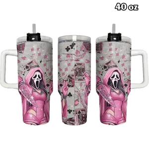 Sscreamm Ghost Face Pink Playing Cards Horror Tumbler 40oz, Slashher Movie Aesthetic Insulated Travel Mug for Women Teens, Sparkling Hearts and Spades Goth Decor, Trendy Pink Halloween Gift Idea | 060426.R3052.ID00