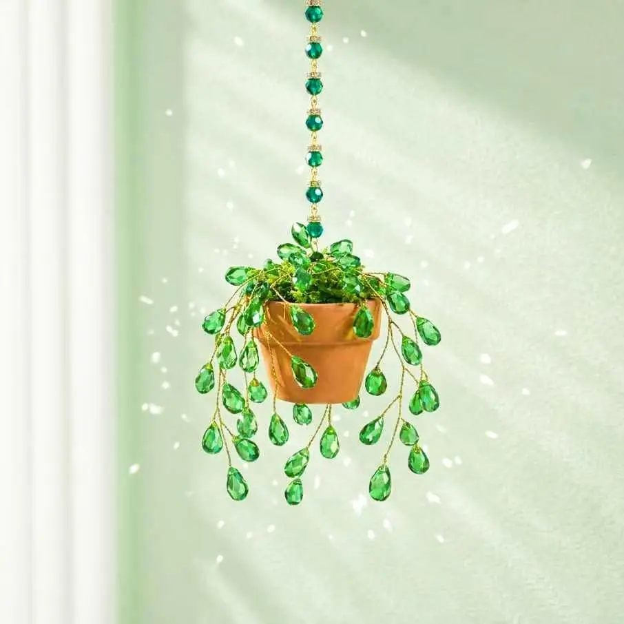 Sun Catchers Indoor Window, Beaded Plant Kit Gifts for Plant Lovers Beaded Succulent Plants Green Waterdrop Beads Suncatchers for Windows Hanging with Chain Home Garden Décor Car Hanging Ornament Decor