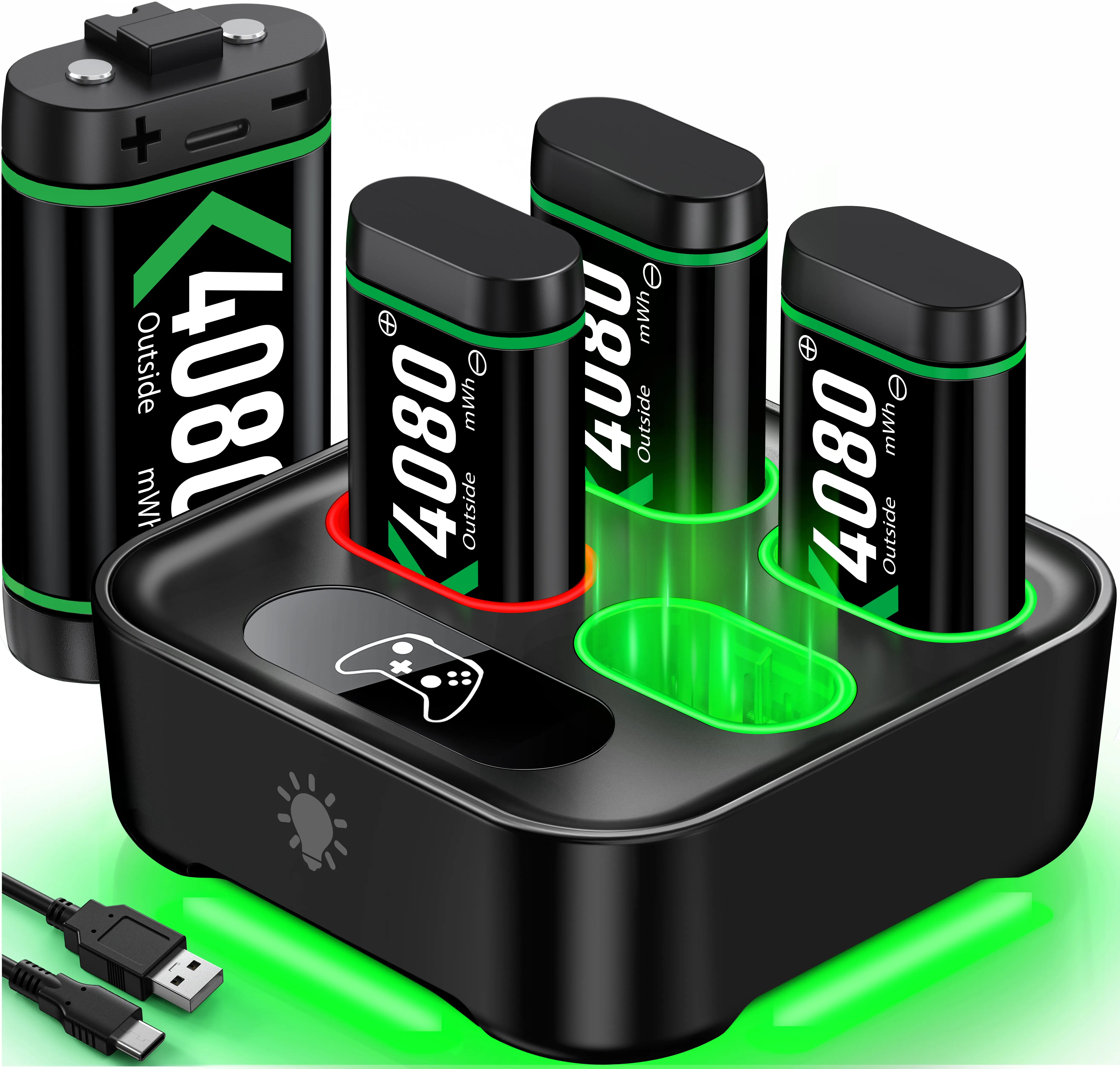 ESYWEN 4 Slot Battery Charger For Xbox Series S/X/Xbox One S/X Controller 4x4080mWh Rechargeable Battery Packs TYPE-C LED Charging Station