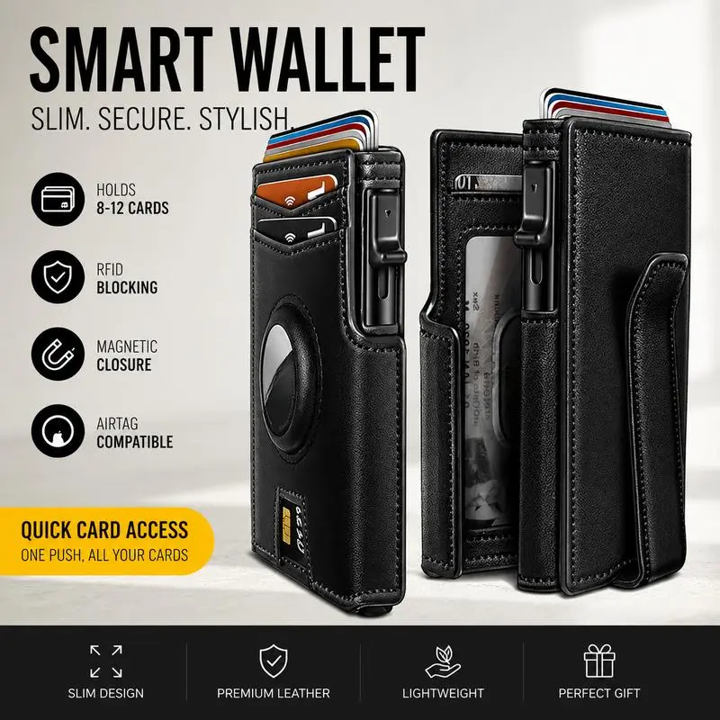 Men's Full Grain Leather Pop Up Wallet, RFID Blocking Aluminum Bifold Credit Card Holder with Money Clip & ID Window, Holds 8‑12 Cards, Minimalist Slim Card Organizer for Everyday Carry