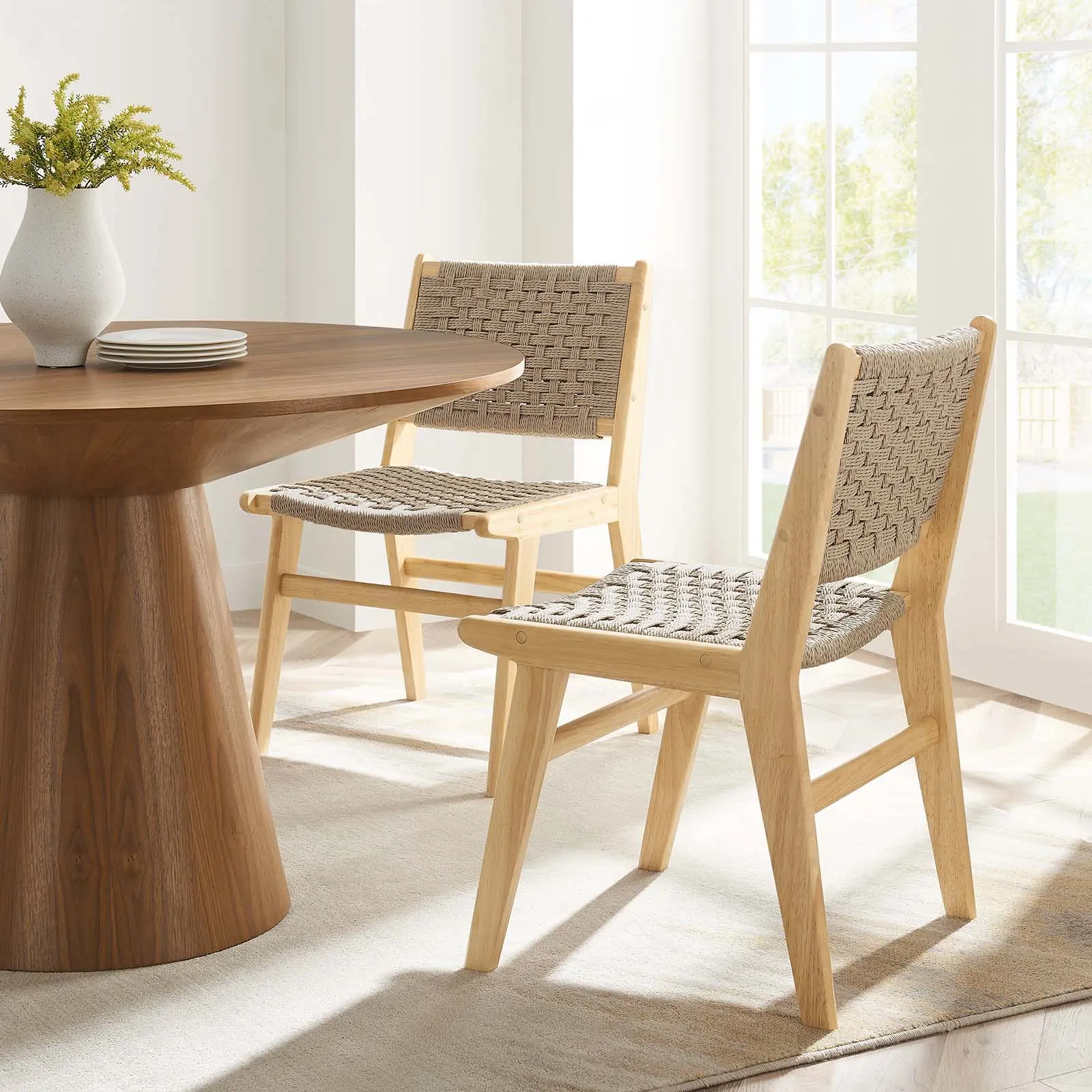 Modway Saoirse Basket Weave Rope Wood Dining Side Chair, Ergonomic Design with Crossbar Supports, Artful Style, Floor Protection Features